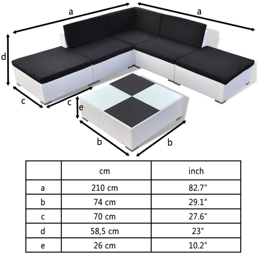 Set muebles de jardín 6 piezas y cojines ratán sintético blanco