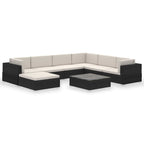 Set de muebles de jardín 8 pzas y cojines ratán sintético negro