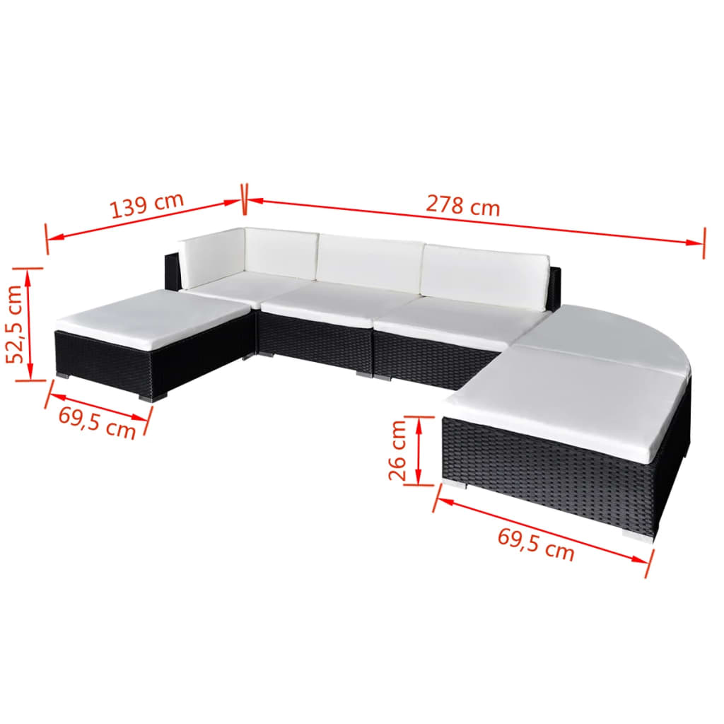 Set muebles de jardín 6 piezas y cojines ratán sintético negro