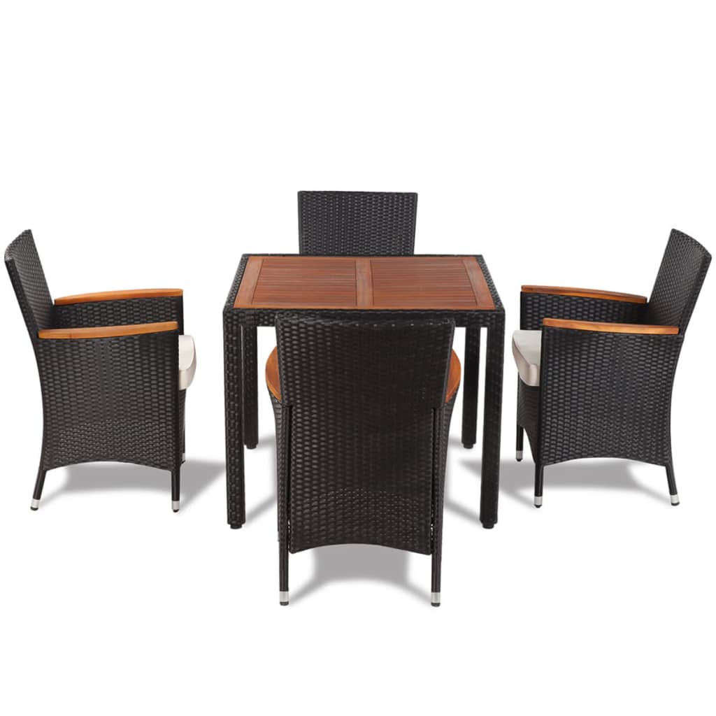 Set comedor de jardín 5 piezas y cojines ratán sintético negro