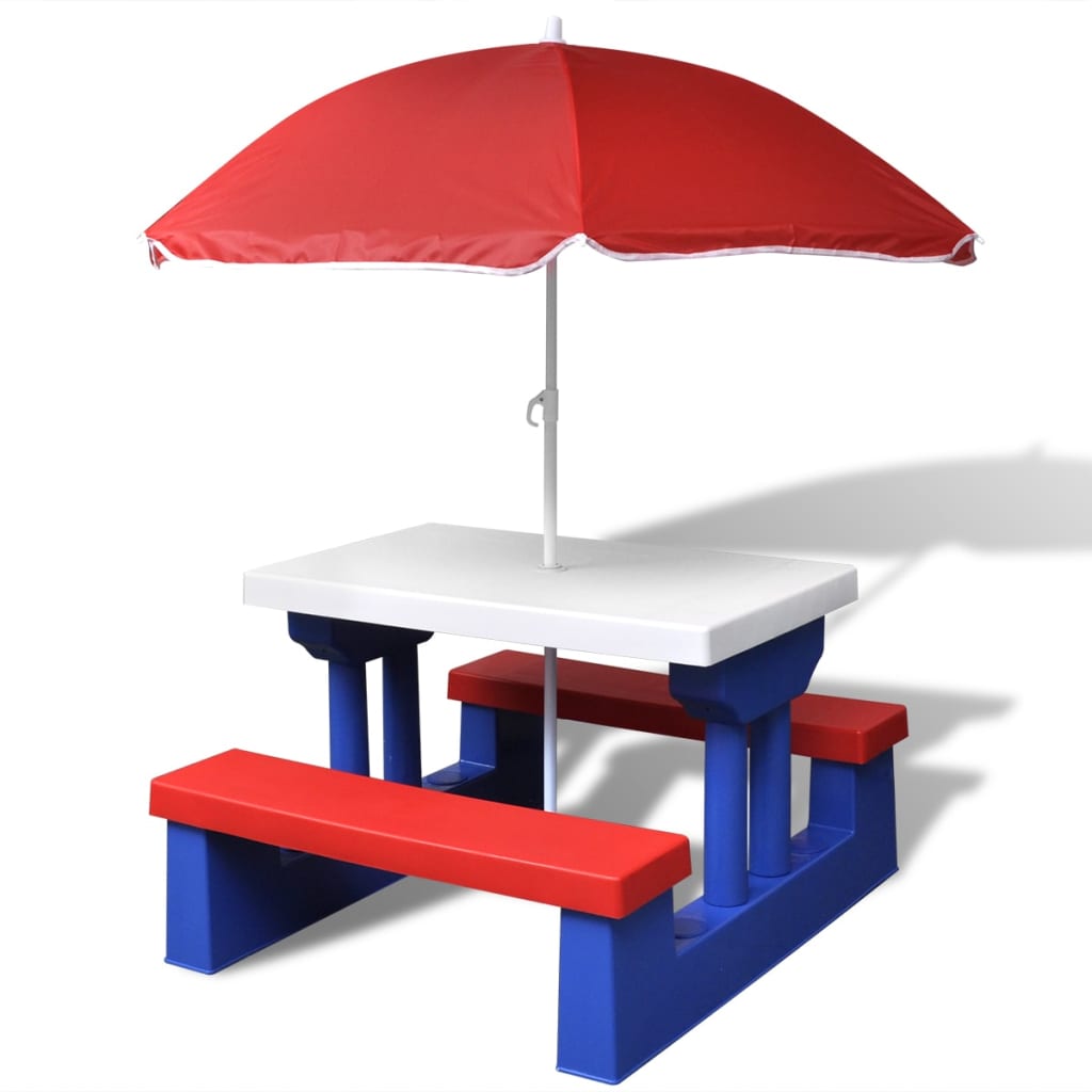 Mesa de picnic y bancos para niños y sombrilla multicolor