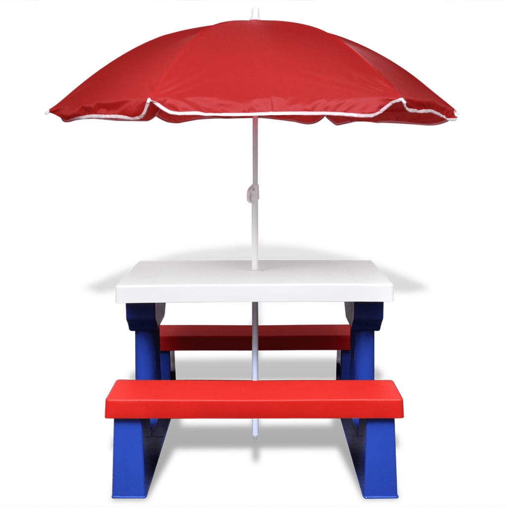 Mesa de picnic y bancos para niños y sombrilla multicolor
