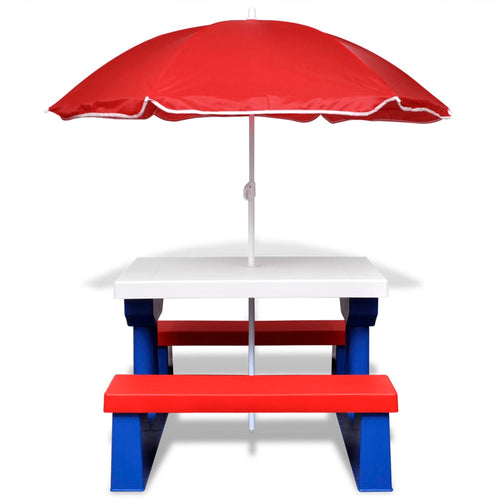 Picnic table and benches for children and multicolor umbrella