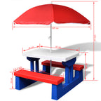 Mesa de picnic y bancos para niños y sombrilla multicolor