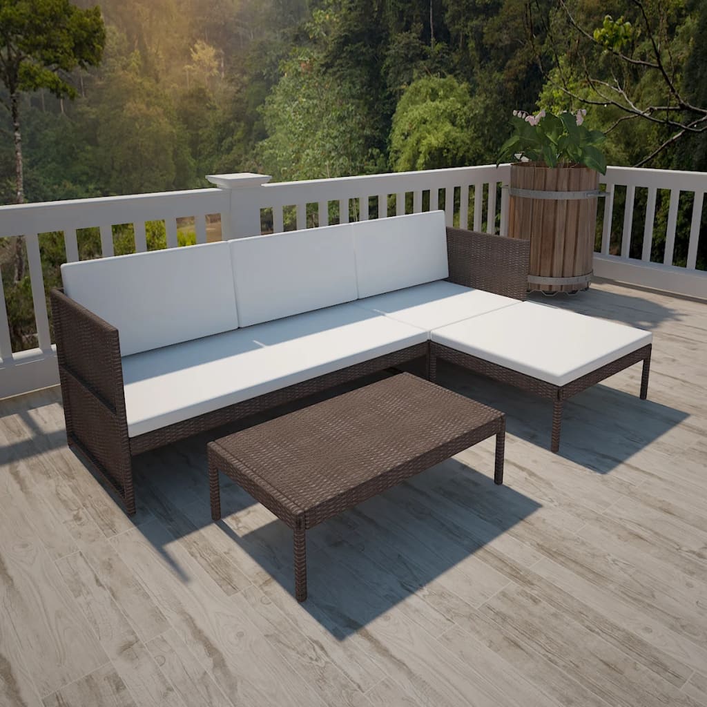 Conjunto de mobiliário de jardim 3 peças com almofadas em vime sintético preto