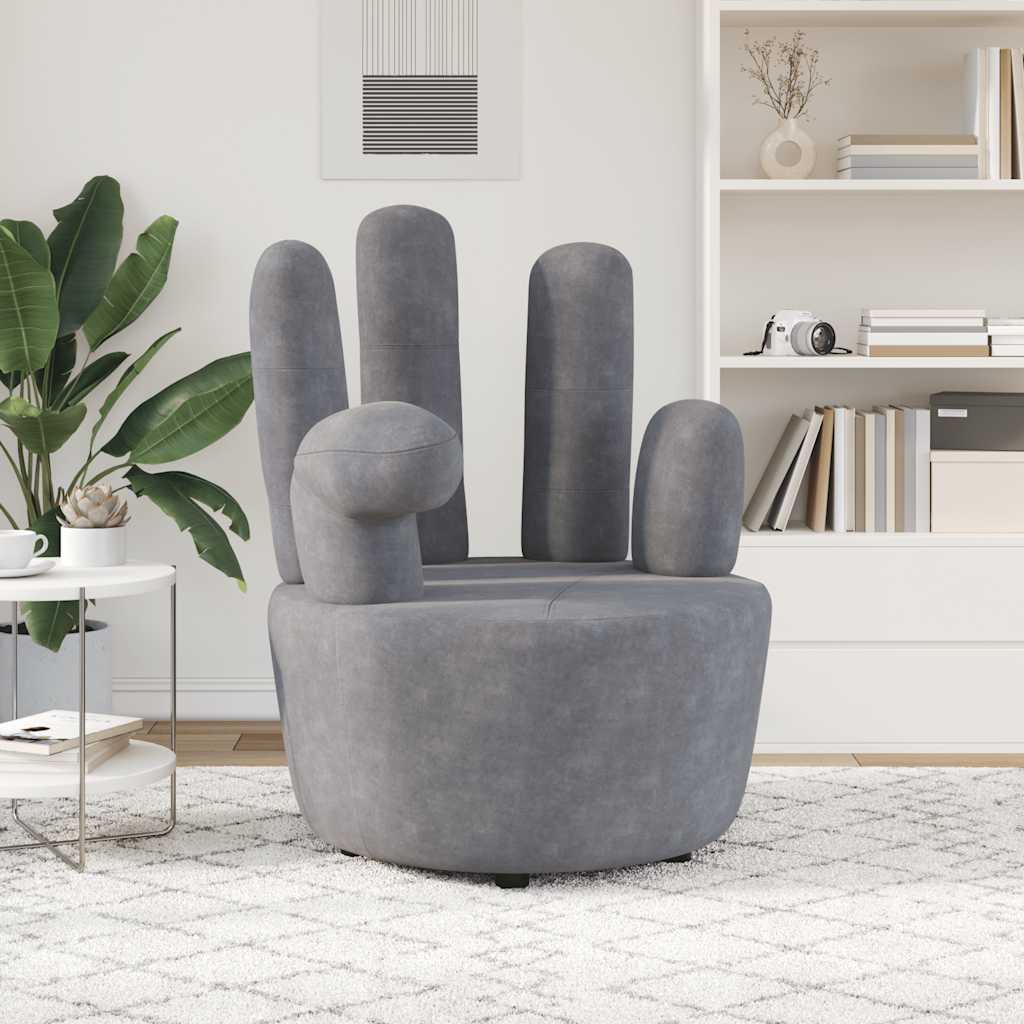 Sillón en forma de mano de terciopelo gris