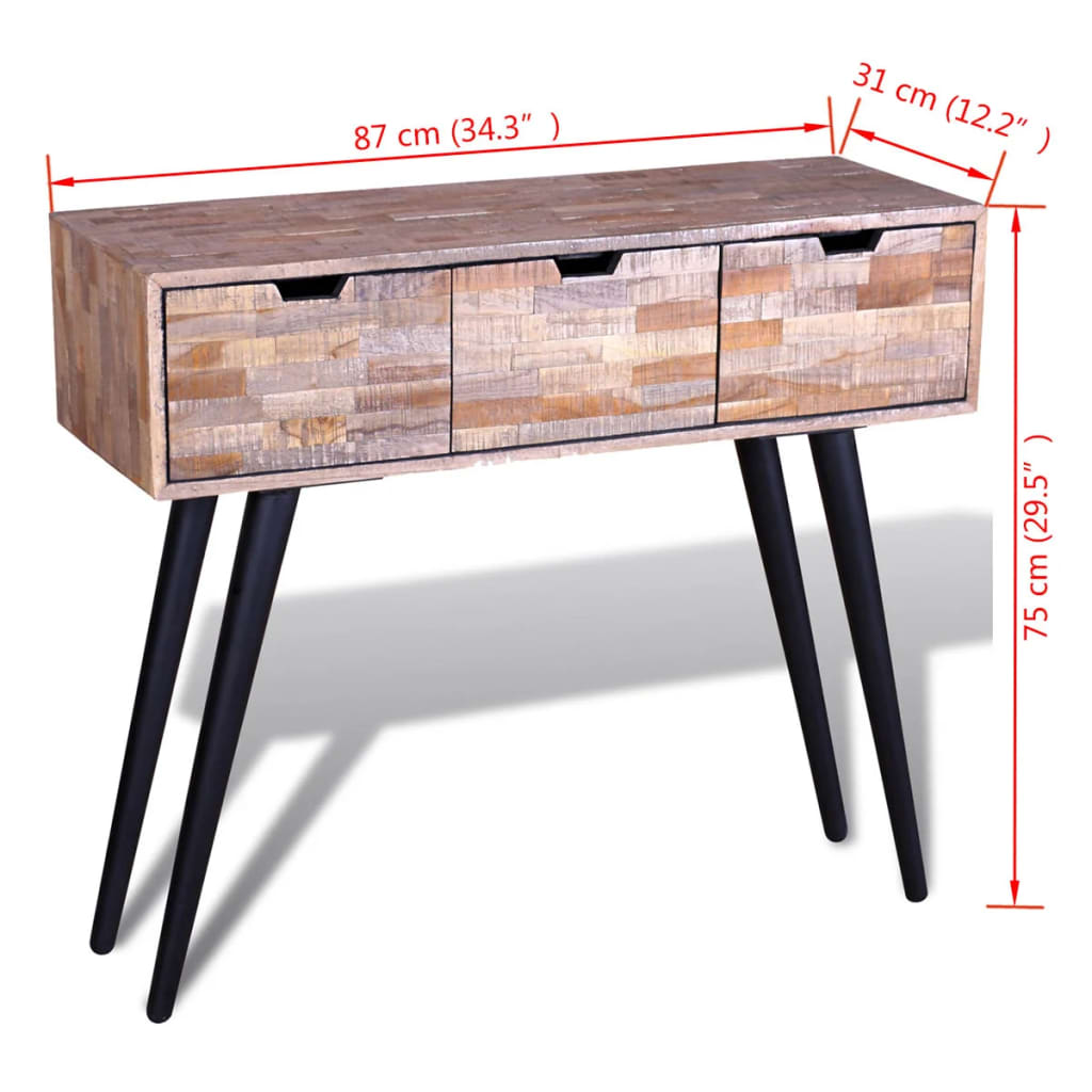 Mesa consola con 3 cajones de madera de teca reciclada