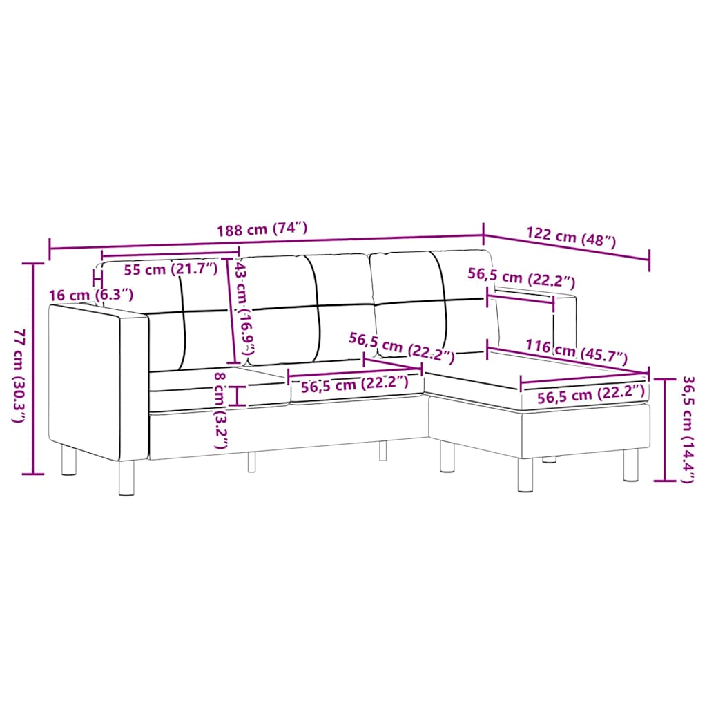 Sofá modular de 3 plazas de cuero artificial negro