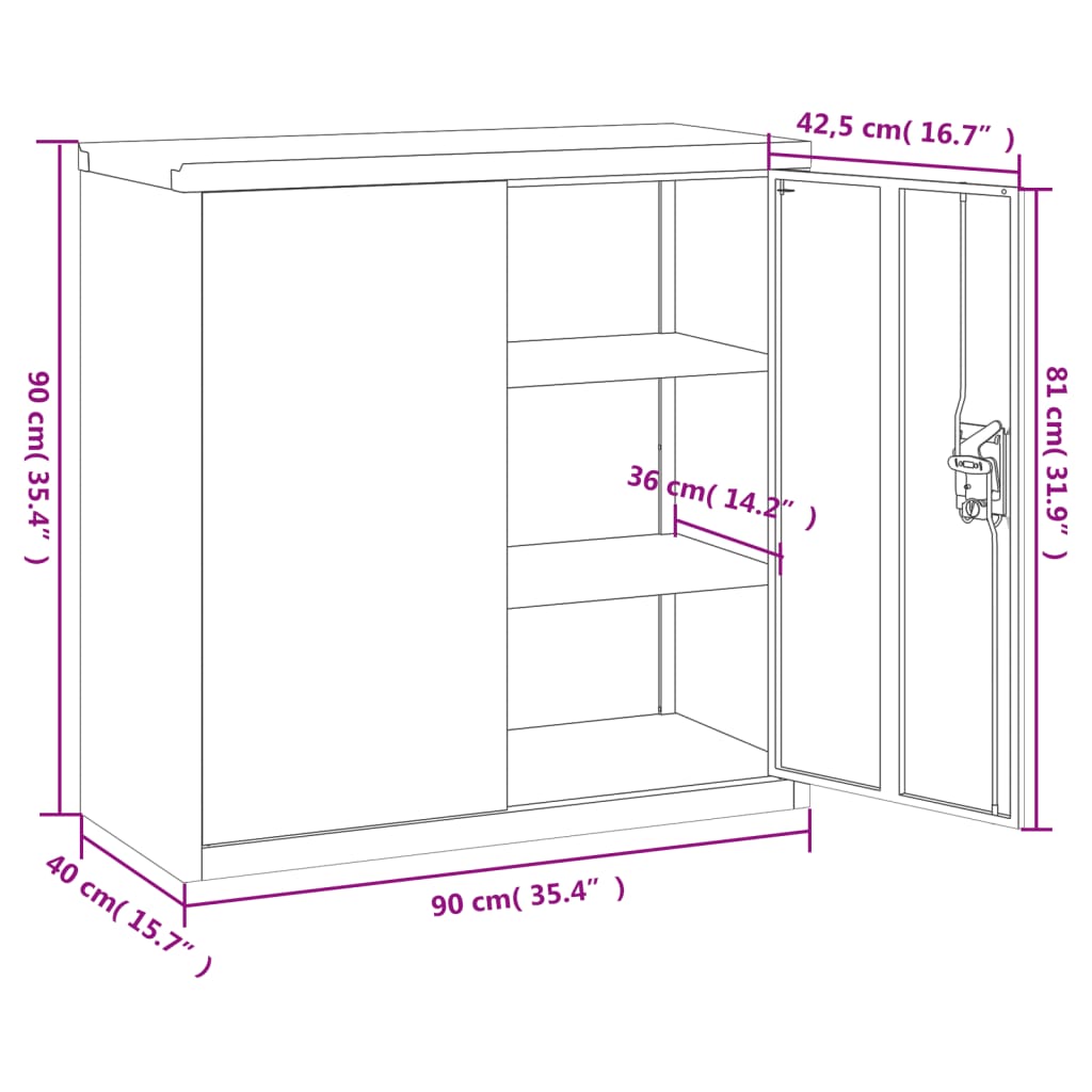 Armario de oficina 2 puertas 90 cm acero gris