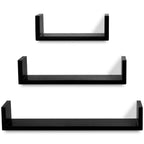 Estantes flotantes pared 3 pzas MDF negro forma U libros/DVD
