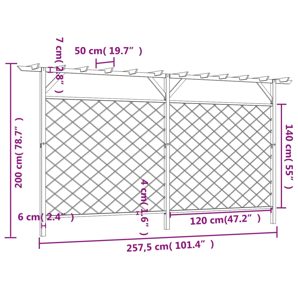 Valla de jardín celosía con pérgola superior madera