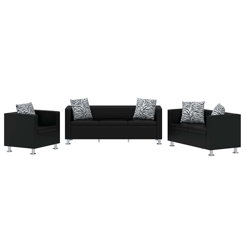Conjunto de sofás de 2 y 3 plazas y sillón de cuero artificial negro