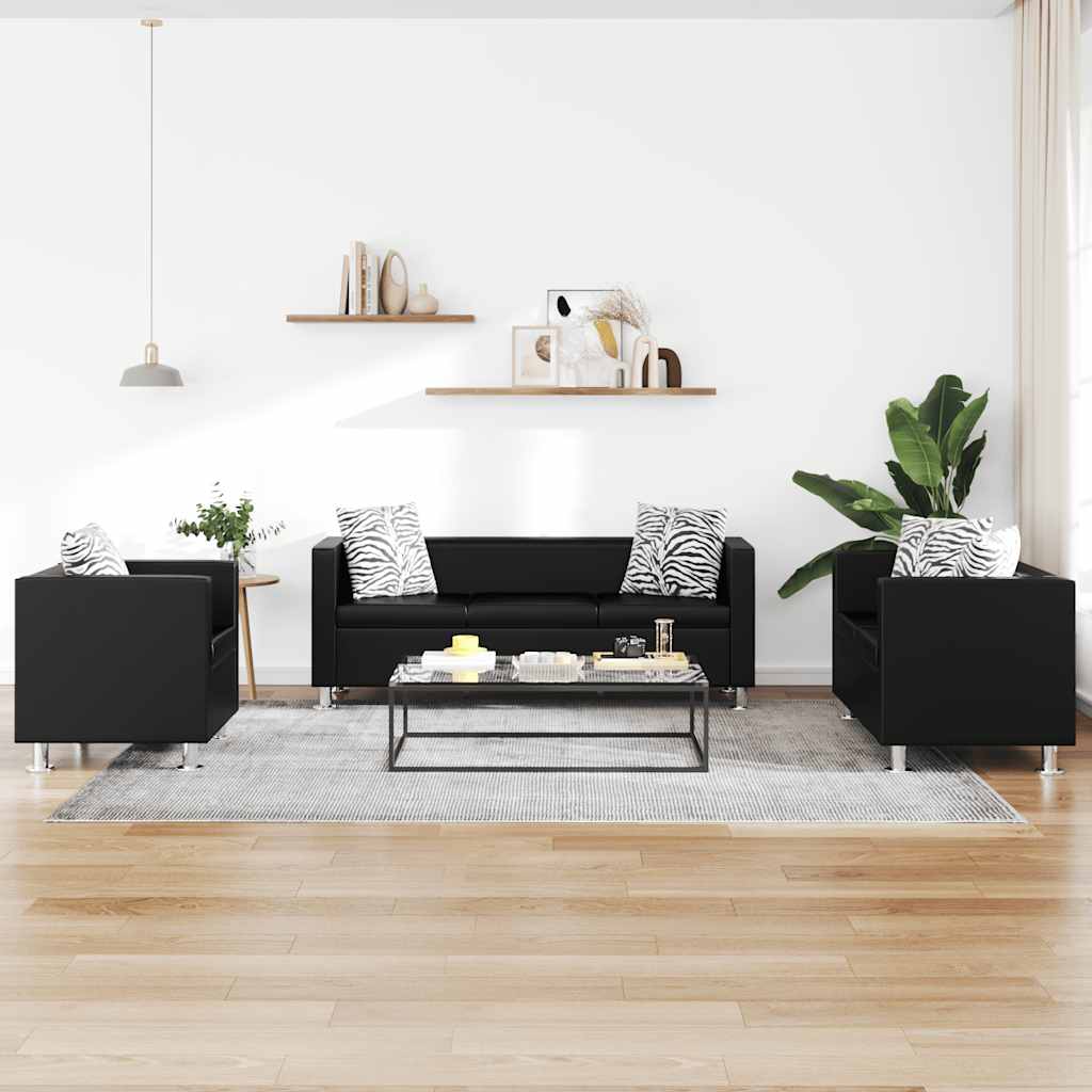 Conjunto de sofás de 2 y 3 plazas y sillón de cuero artificial negro