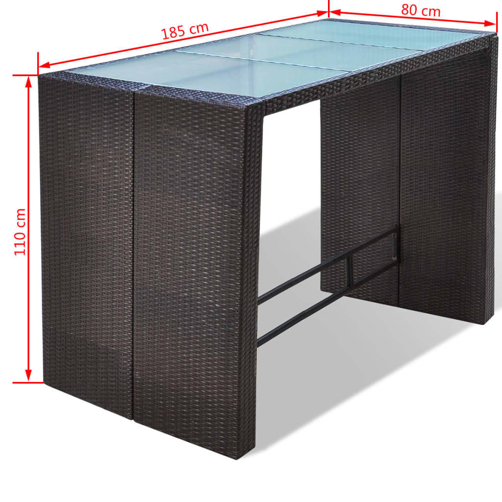 Mesa y sillas bar de jardín 7 pzas y cojines poli ratán marrón