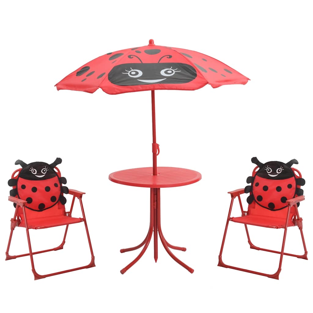 Mesa e cadeiras de jardim infantil de 3 peças com guarda-sol castanho