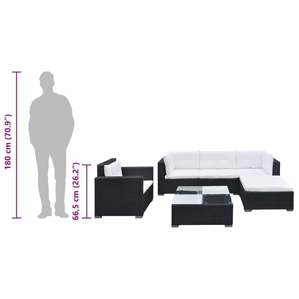 Set muebles de jardín 6 piezas y cojines ratán sintético negro