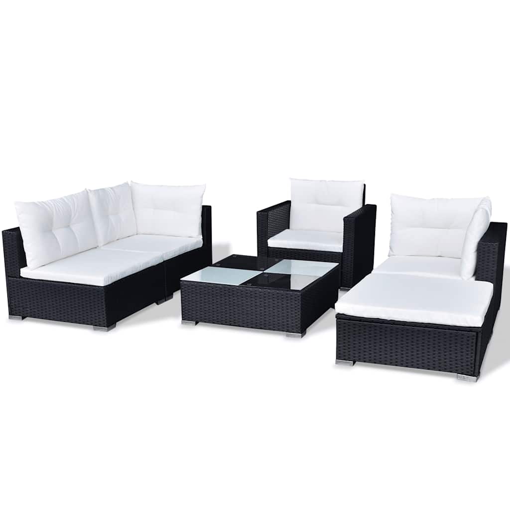 Set muebles de jardín 6 piezas y cojines ratán sintético negro