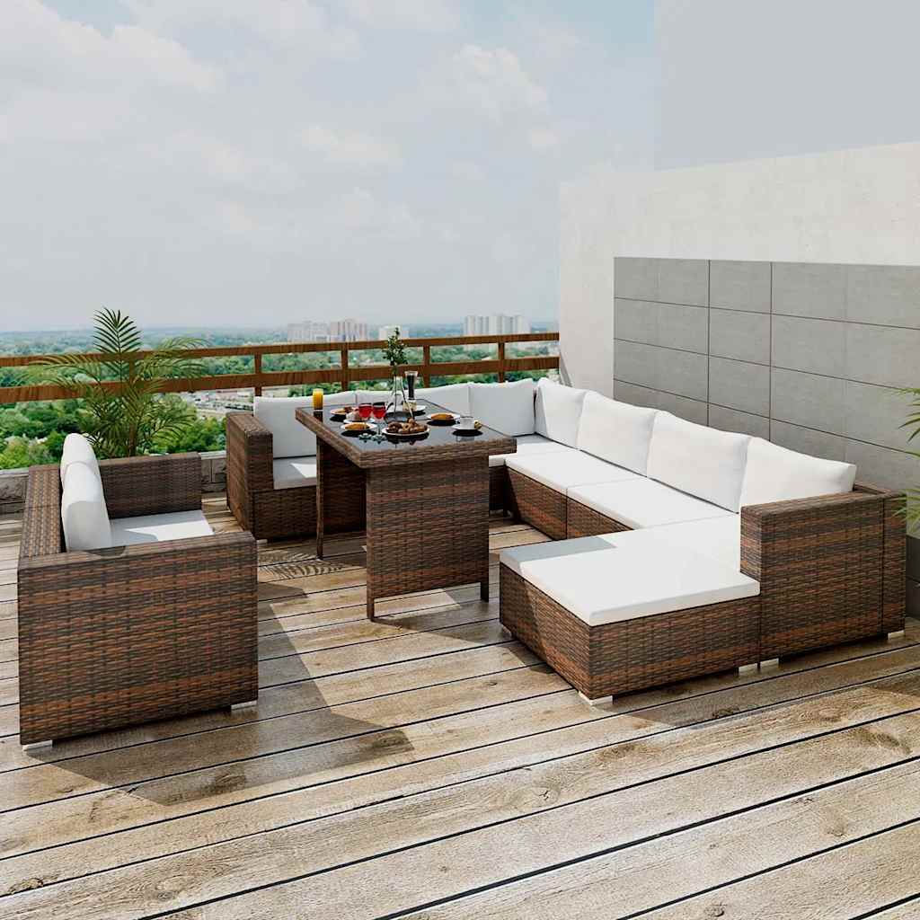 Set muebles de jardín 10 piezas y cojines ratán sintético negro
