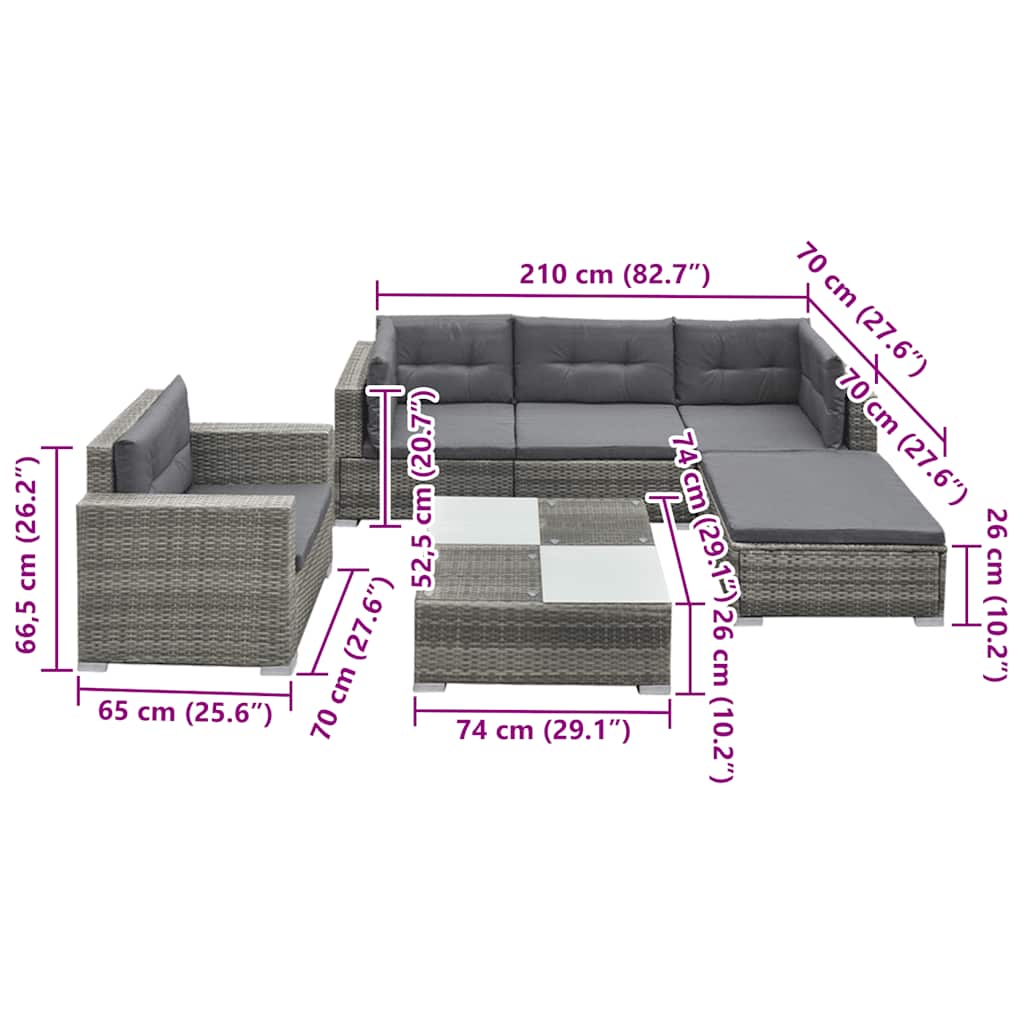 Juego de muebles de jardín 6 pzs y cojines ratán sintético gris