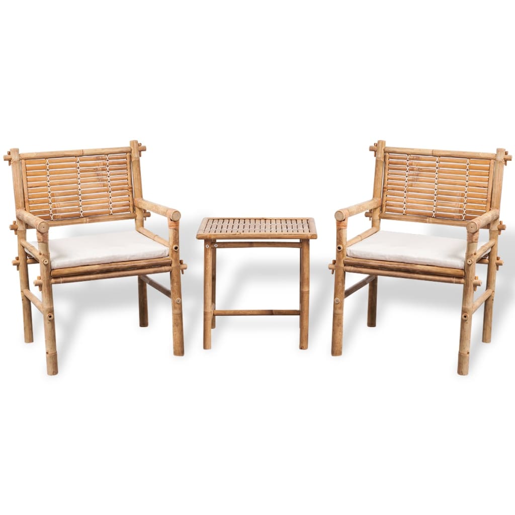 Set mesa y sillas terraza 3 pzas con cojines bambú