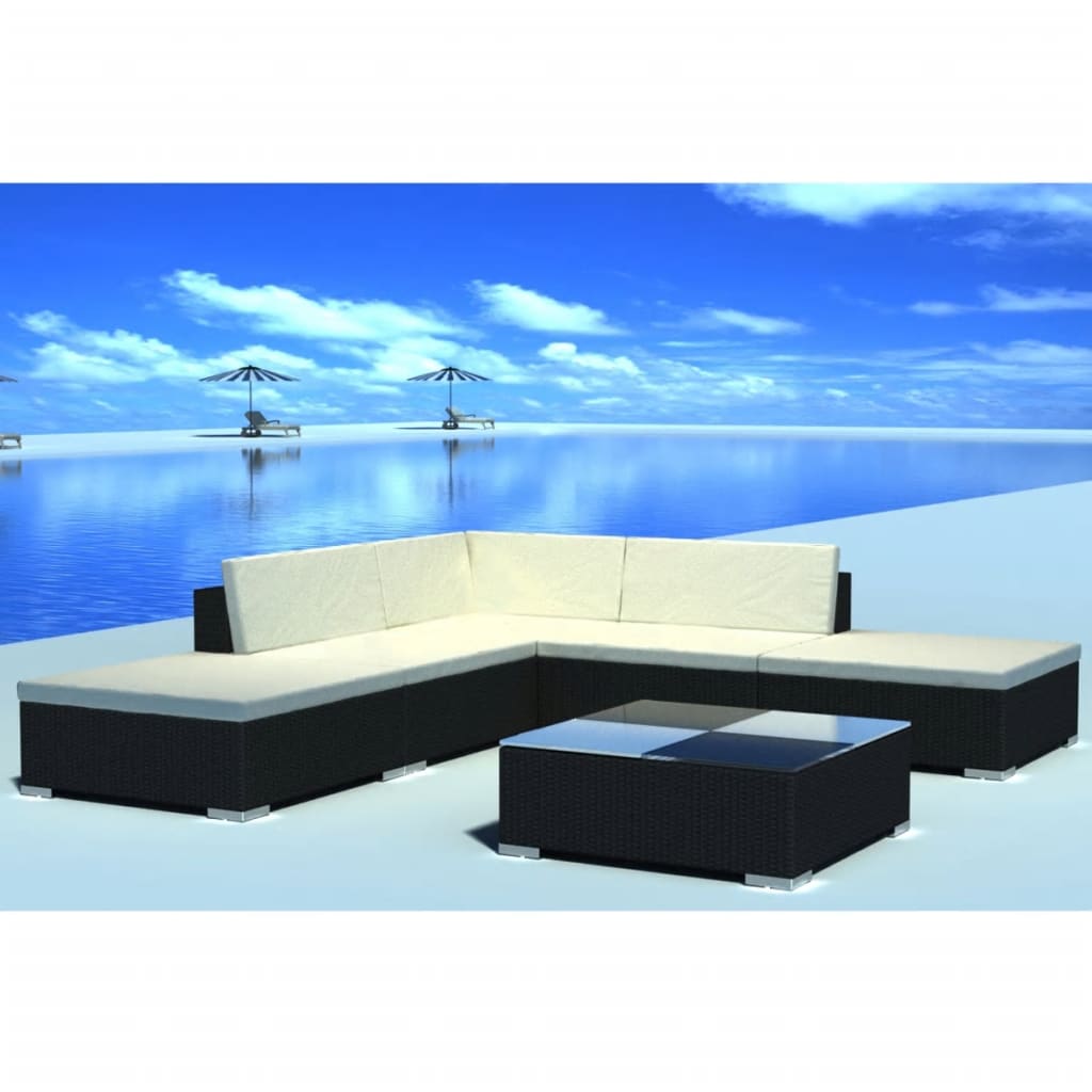 Set muebles de jardín 6 piezas y cojines ratán sintético blanco