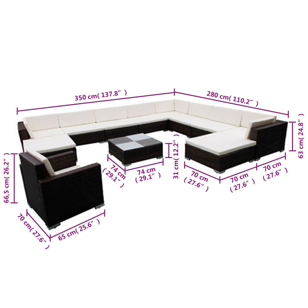 Set de sofás de jardín 12 pzas cojines ratán sintético negro