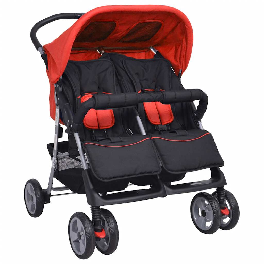 Blue and black steel twin stroller