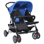 Cochecito gemelar de acero azul y negro
