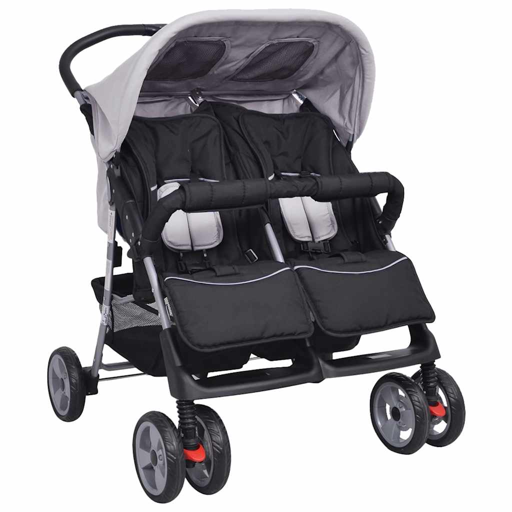 Blue and black steel twin stroller