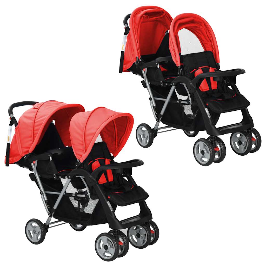 Carrinho de passeio para 2 crianças em tandem de aço azul e preto