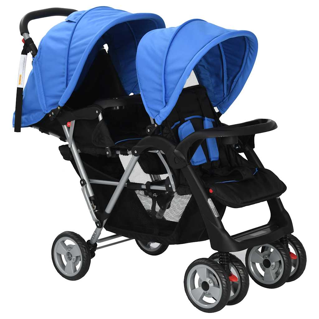 Carrito para 2 niños tandem de acero azul y negro
