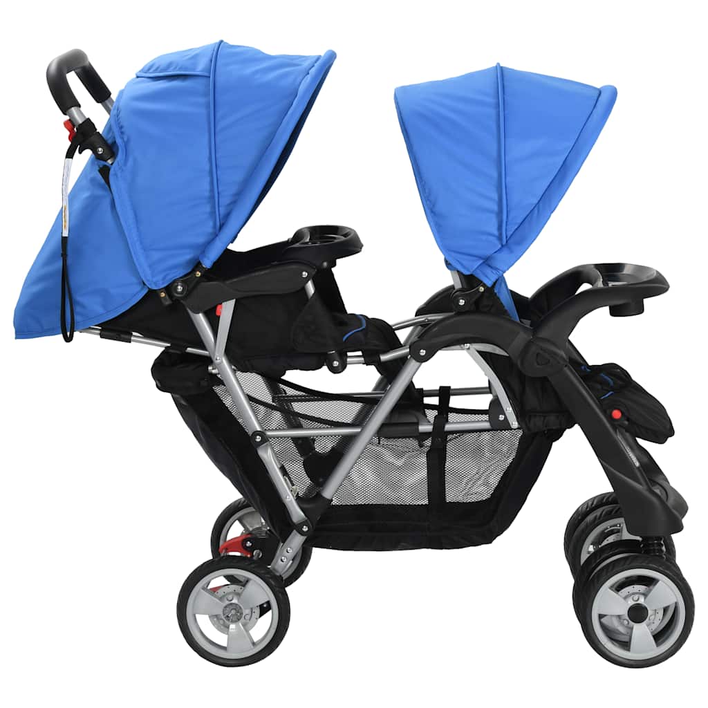 Carrito para 2 niños tandem de acero azul y negro