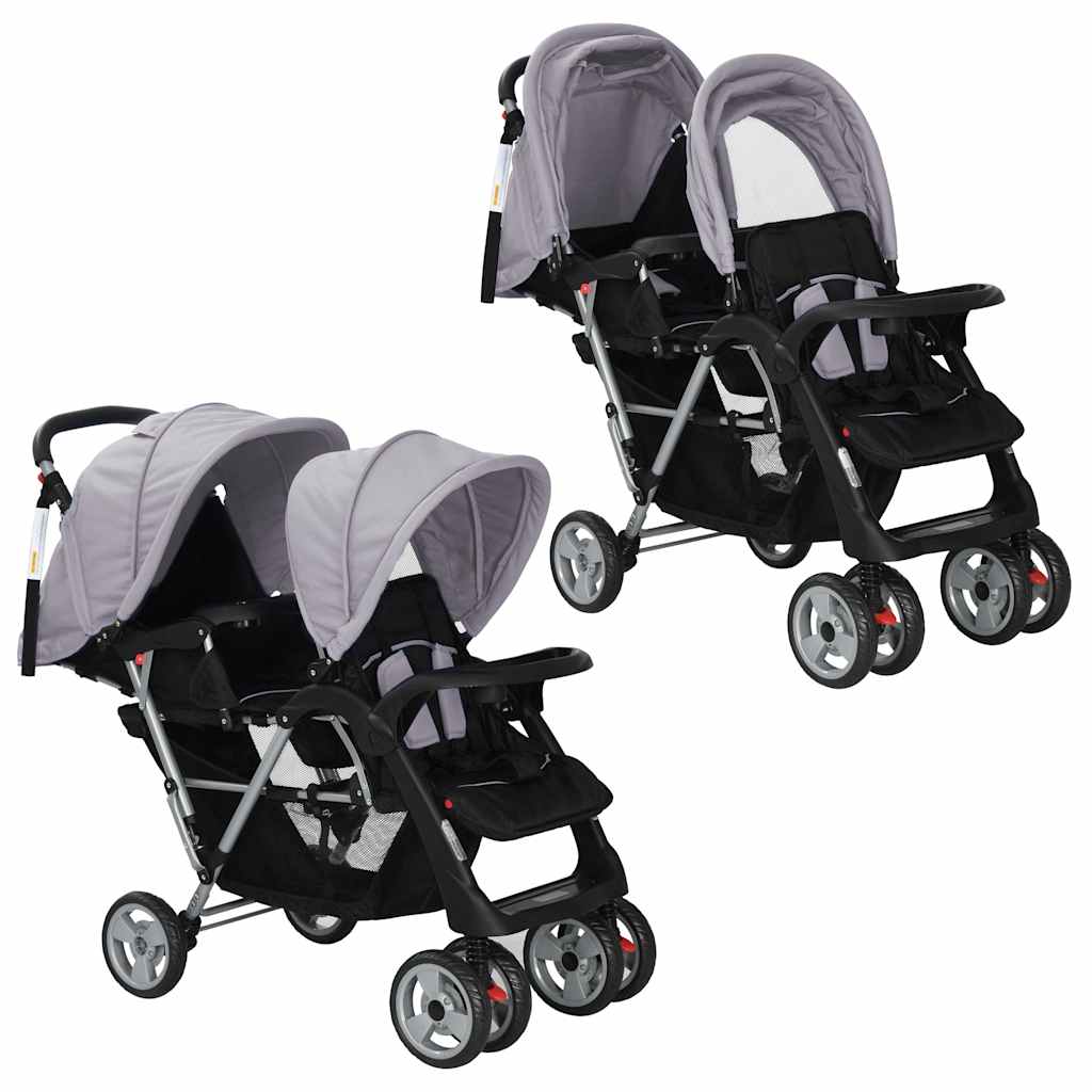 Carrinho de passeio para 2 crianças em tandem de aço azul e preto