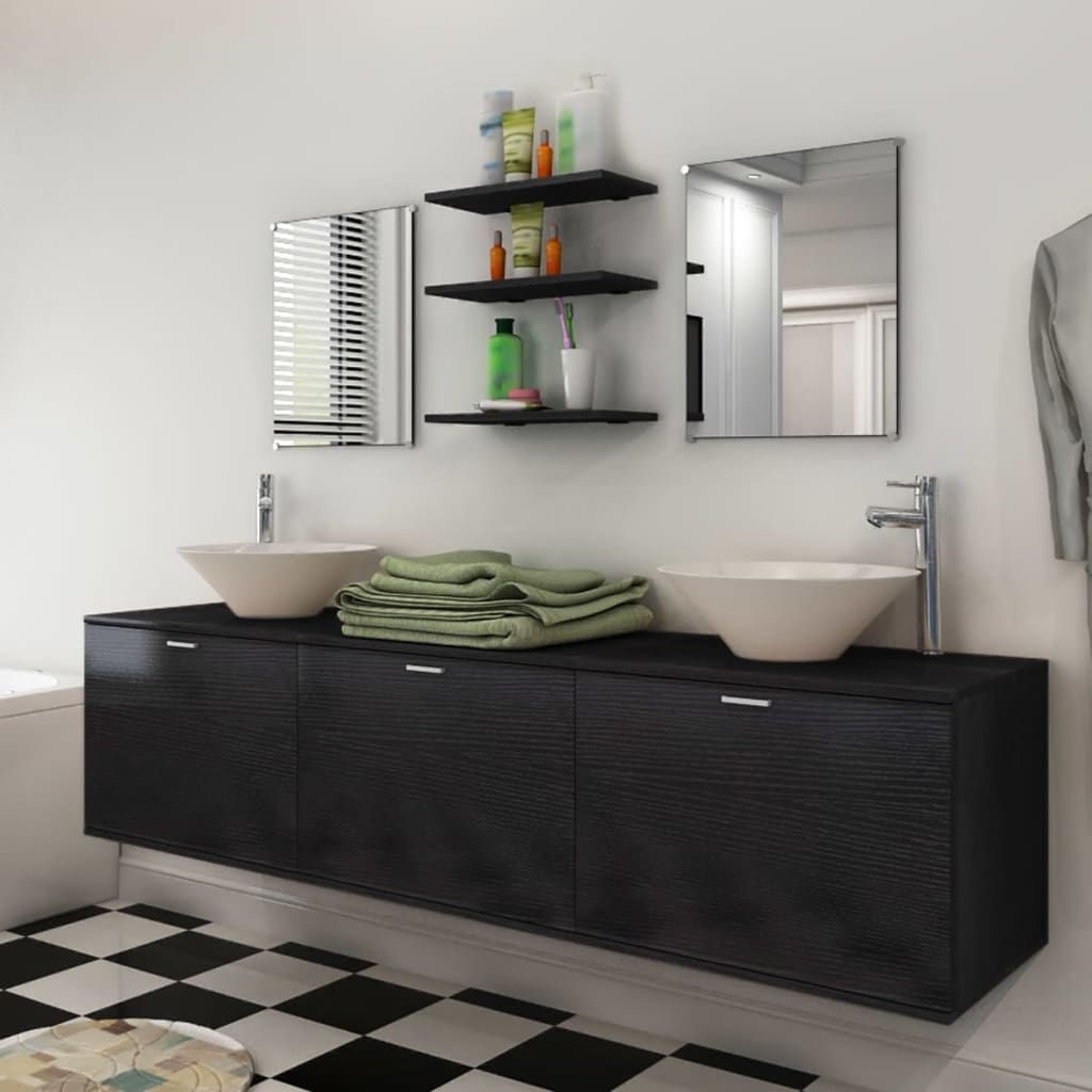 Conjunto de muebles de baño con lavabo y grifo 10 piezas negro