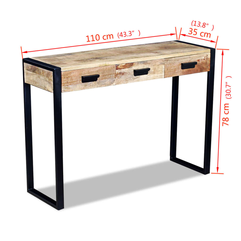 Mesa consola con 3 cajones madera maciza de mango 110x35x78 cm