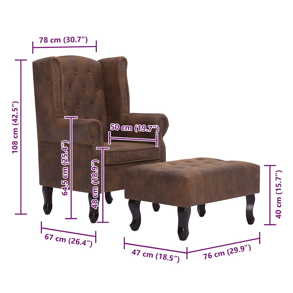 Sillón Chesterfield y reposapiés cuero ante artificial marrón