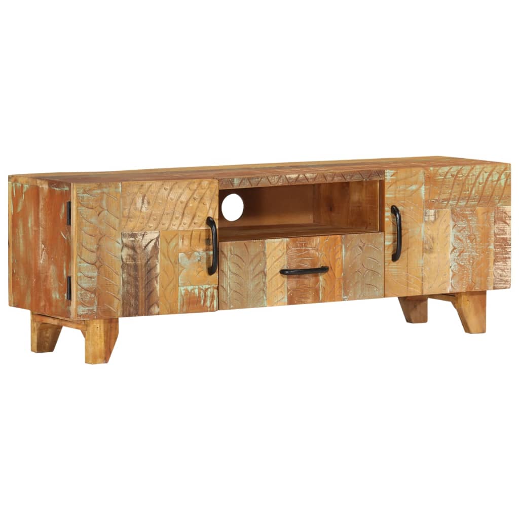 Mueble de TV tallado a mano madera maciza reciclada 120x30x40cm