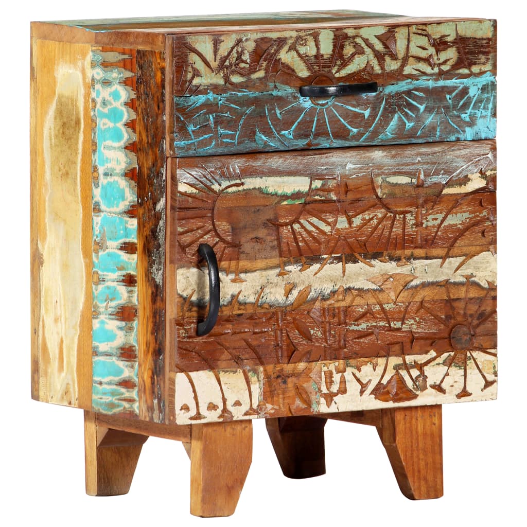 Mesita de noche tallada a mano madera reciclada 40x30x50 cm
