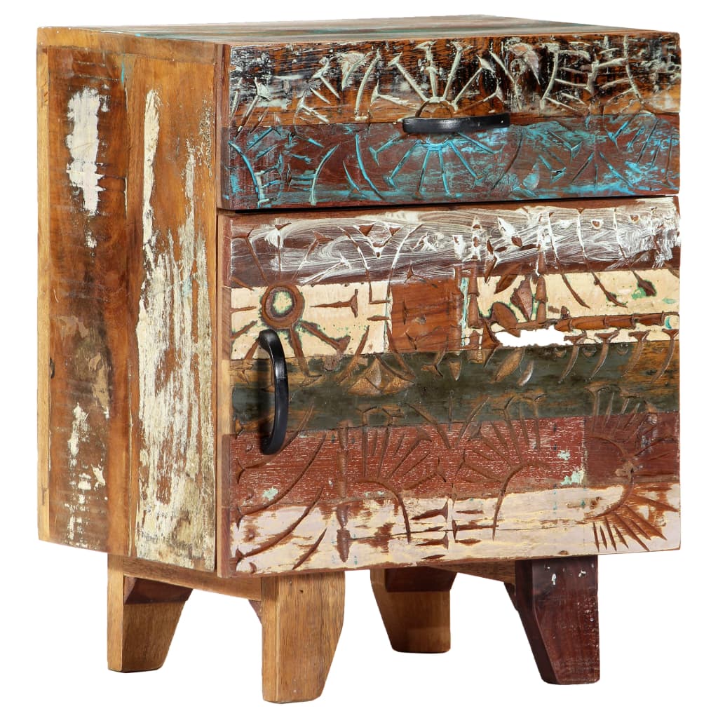 Mesita de noche tallada a mano madera reciclada 40x30x50 cm