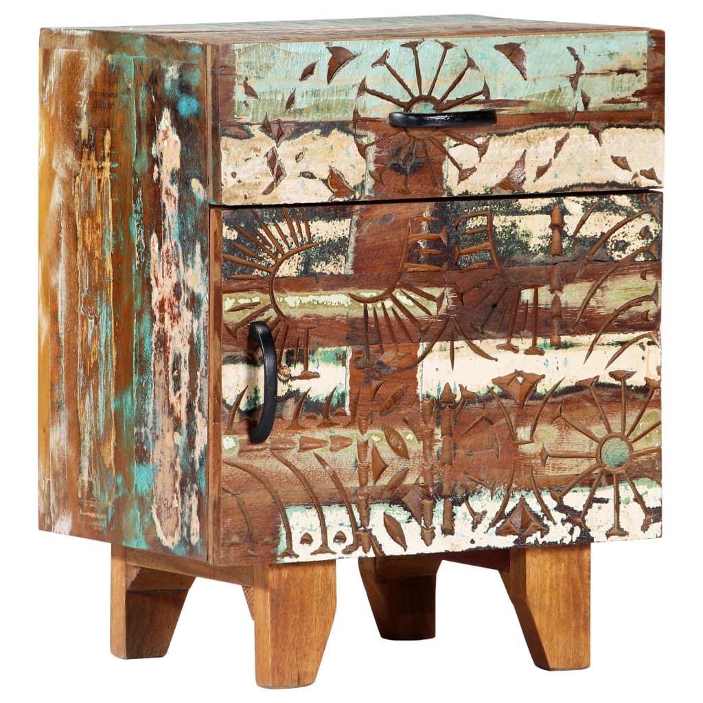 Mesita de noche tallada a mano madera reciclada 40x30x50 cm