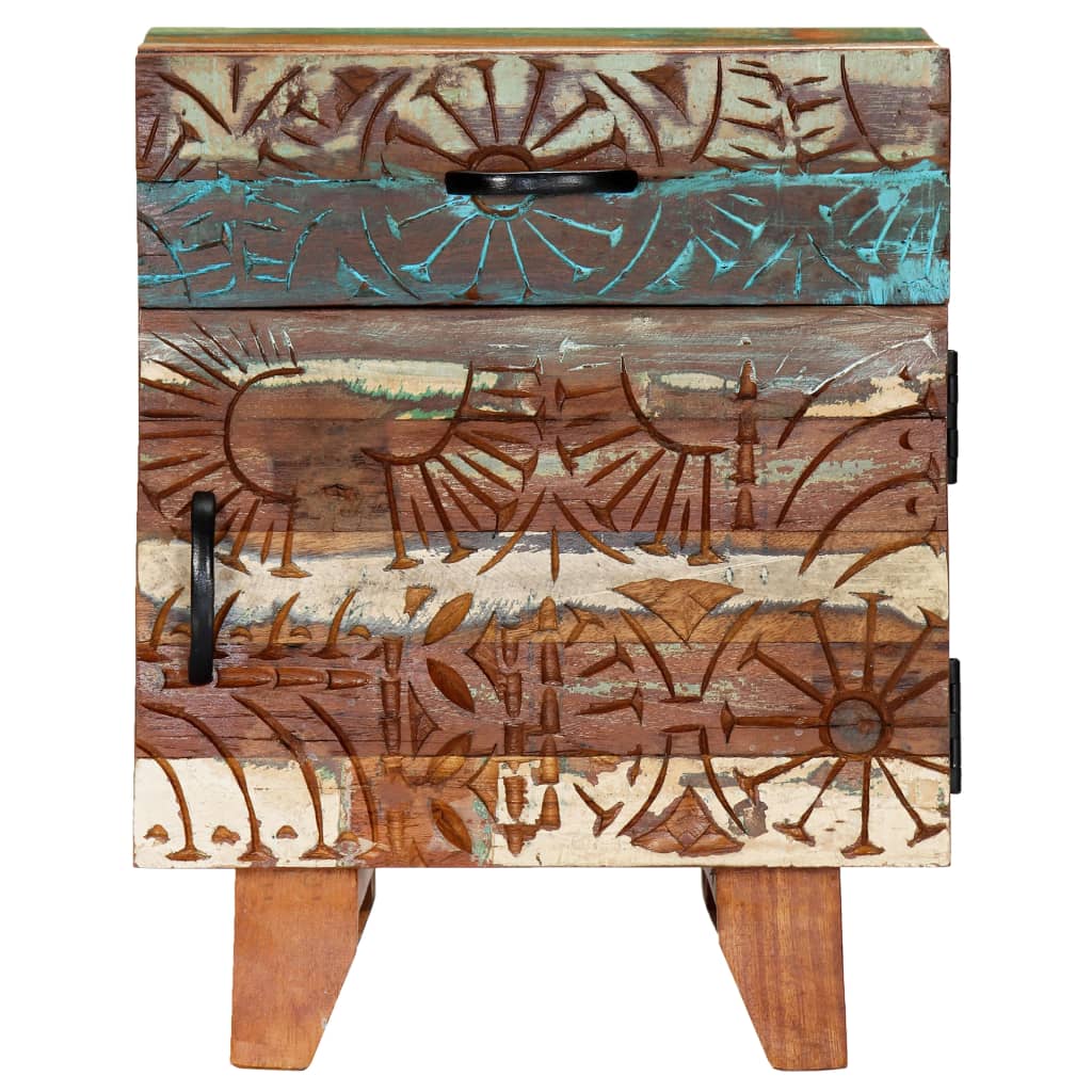 Mesita de noche tallada a mano madera reciclada 40x30x50 cm