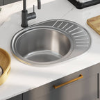 Fregadero cocina con colador y sifón acero inoxidable ovalado