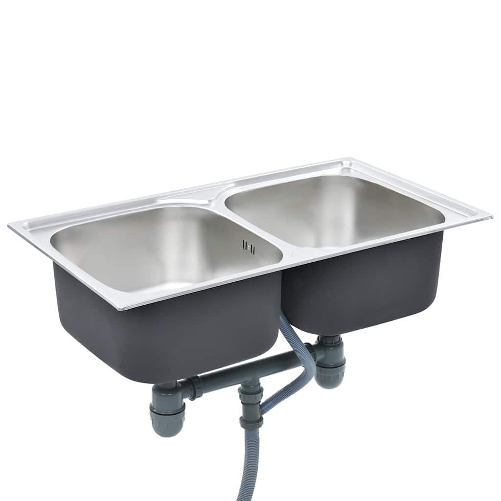 Fregadero de doble seno con colador y sifón de acero inoxidable