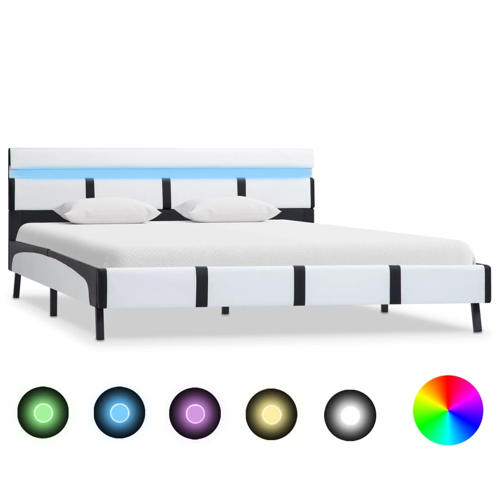 Estrutura de cama com LED em couro sintético branco e preto 90x200 cm