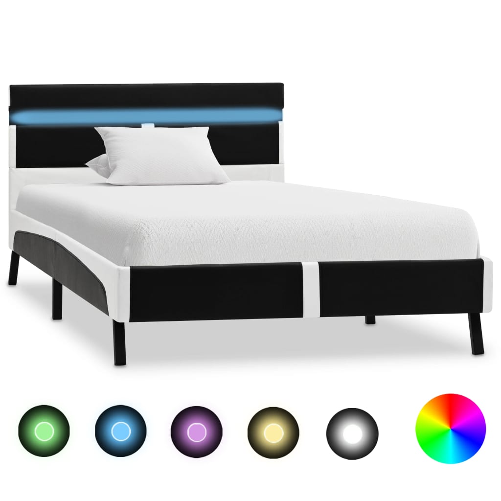 Estrutura de cama com LED em couro sintético branco e preto 90x200 cm