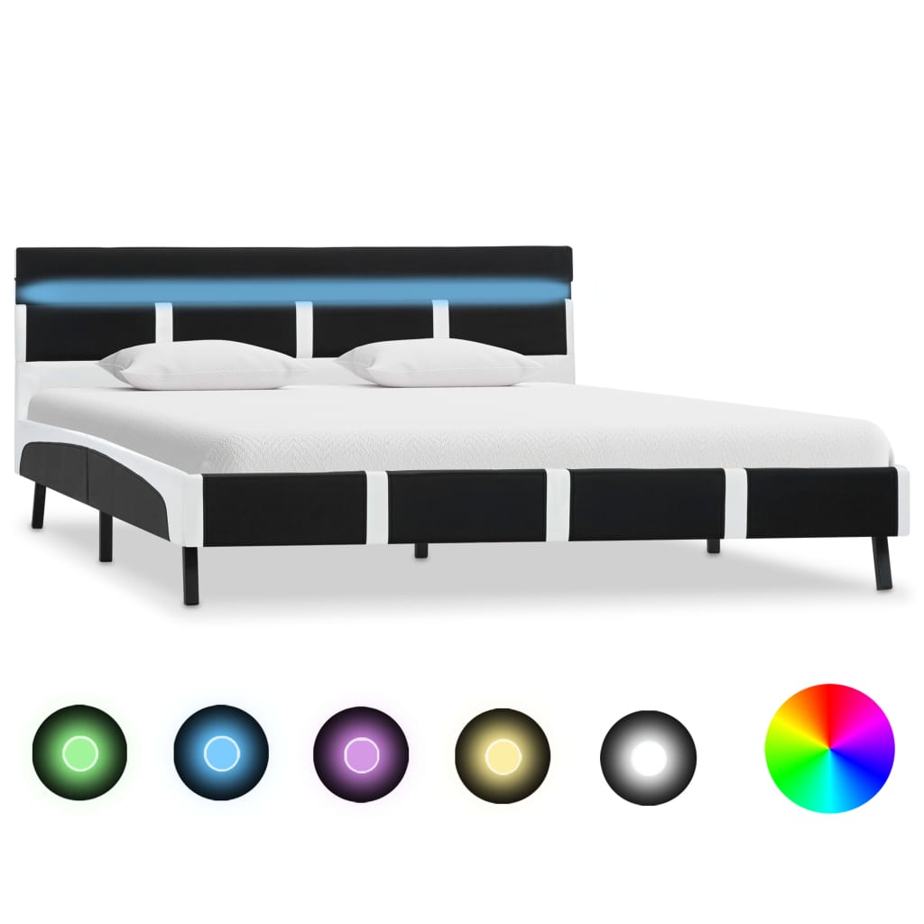 Estrutura de cama com LED em couro sintético branco e preto 90x200 cm