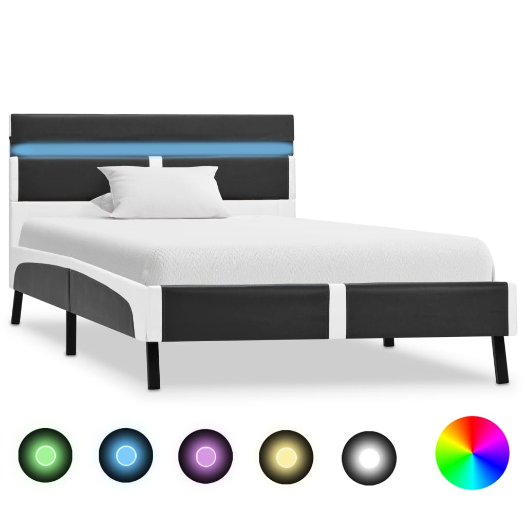 Estrutura de cama com LED em couro sintético branco e preto 90x200 cm