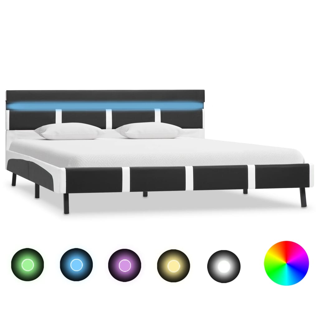 Estrutura de cama com LED em couro sintético branco e preto 90x200 cm