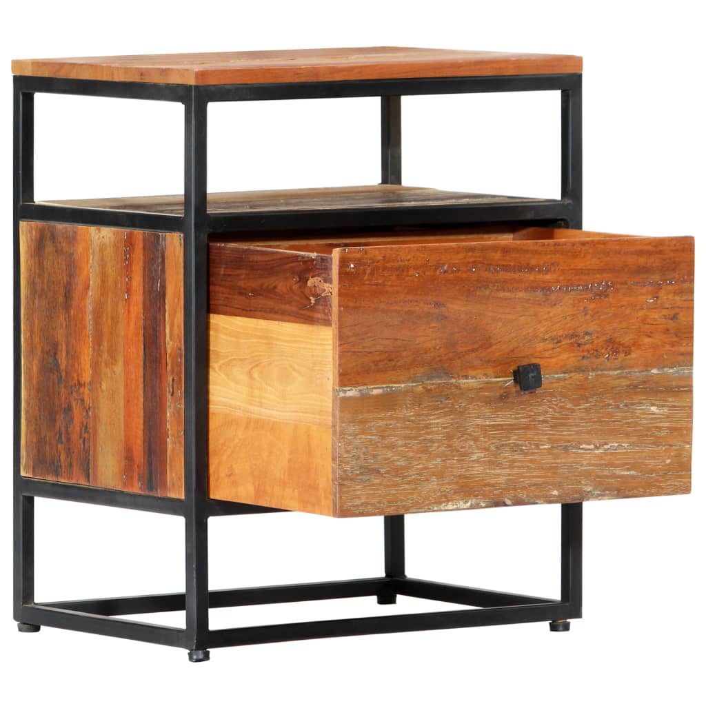 Mesita de noche de madera maciza reciclada y acero 40x30x50 cm