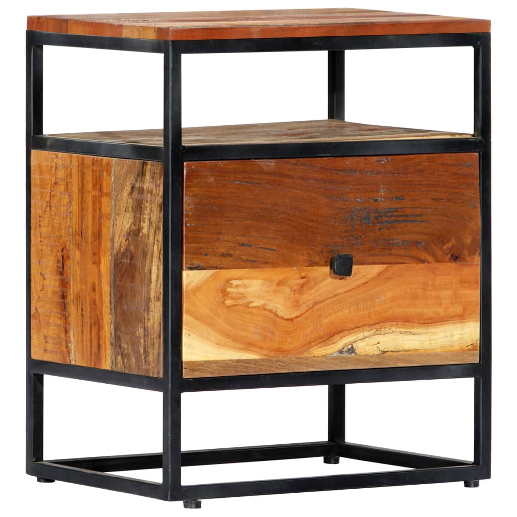 Mesita de noche de madera maciza reciclada y acero 40x30x50 cm